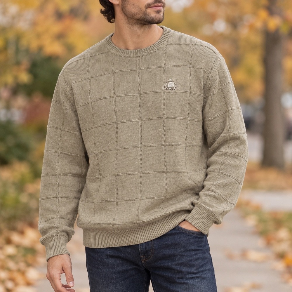 IZOD Men XL Tan Windowpane Textured Cotton Crewneck Pullover Sweater Logo Preppy
